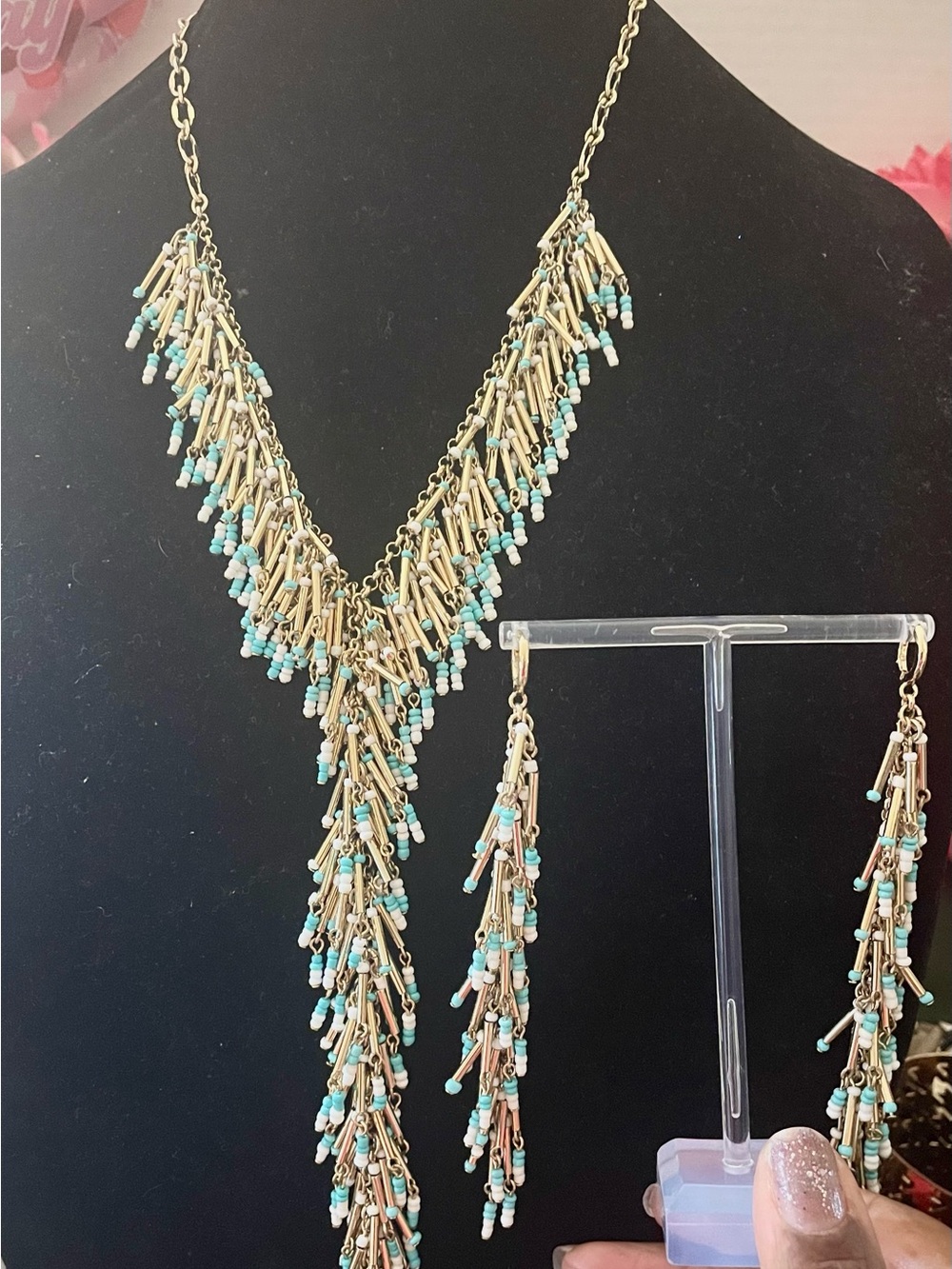 BCBG Gold, Turquoise, and White Beaded Fringe Y-Necklace and Matching Earrings